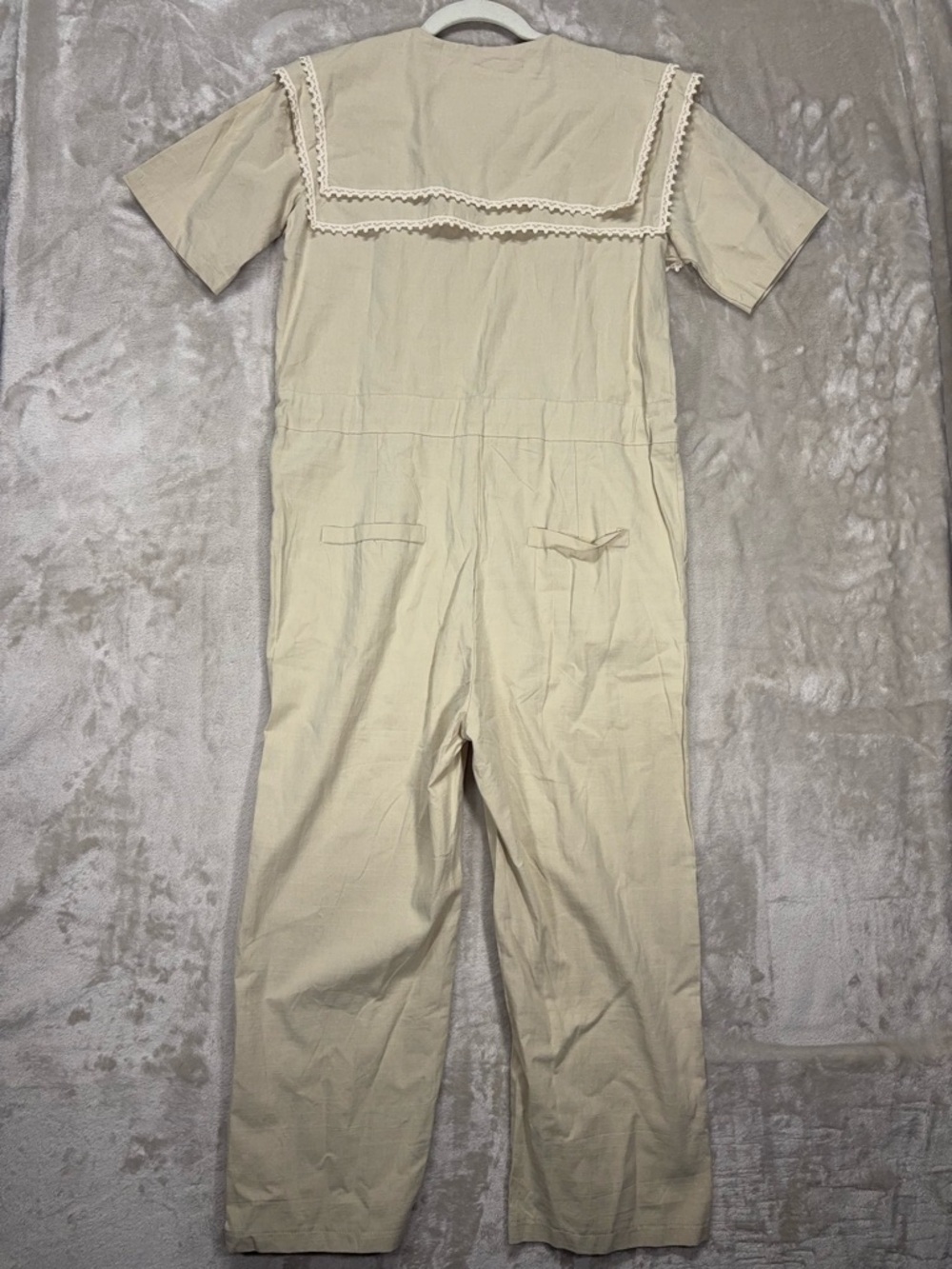 Cherrykoko Beige Lace Collar Jumpsuit Wide Leg Tie Waist Romper - Picture 11 of 14